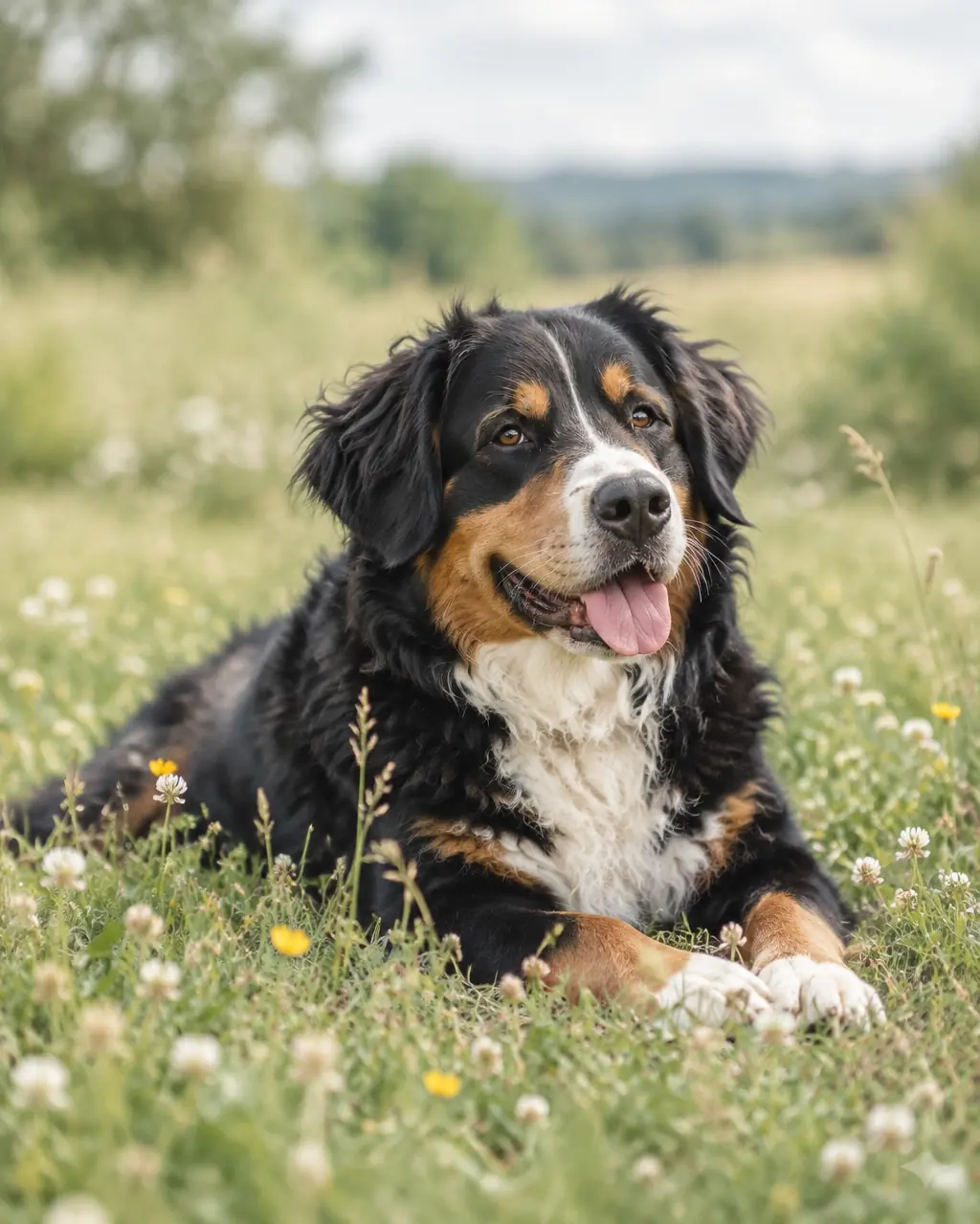 Bernese mountain dog relaxing in a meadow