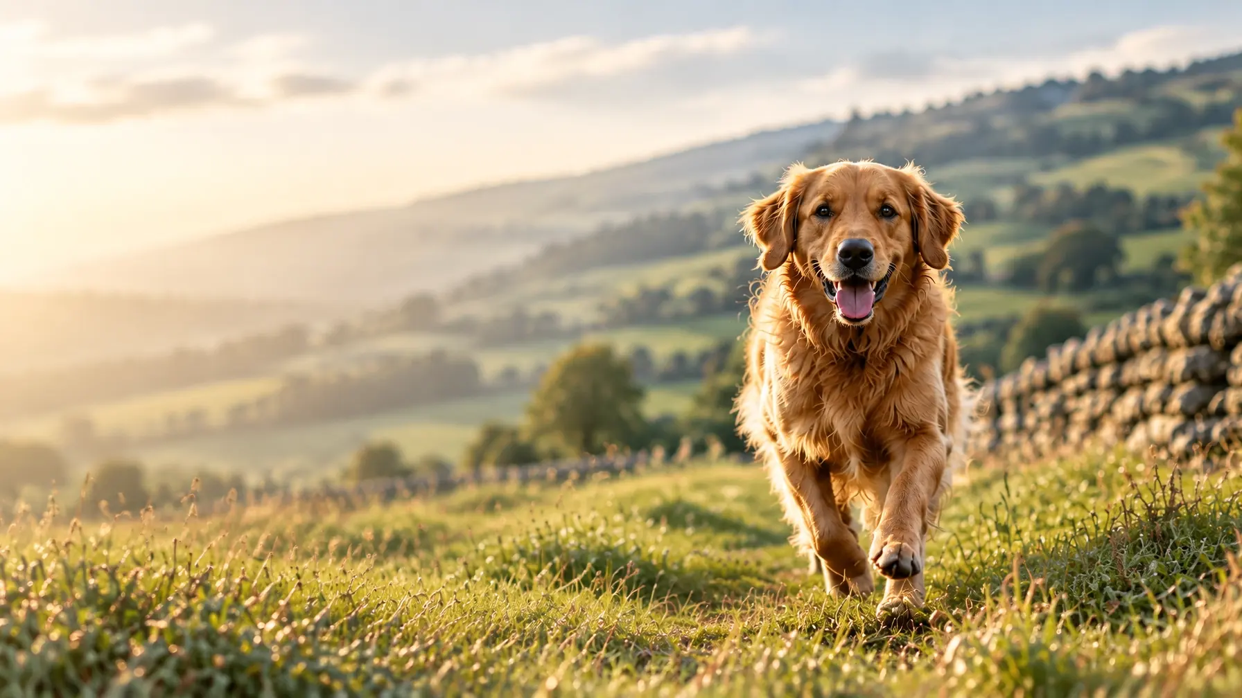Golden retriever enjoying a walk through the British countryside